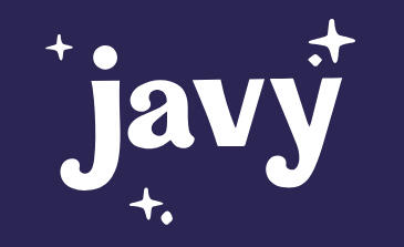 This image shows the logo for the brand 'Javy Coffee.' The word "javy" is displayed in a bold white font. The background is a navy blue and little white sparkles surround the word "javy."